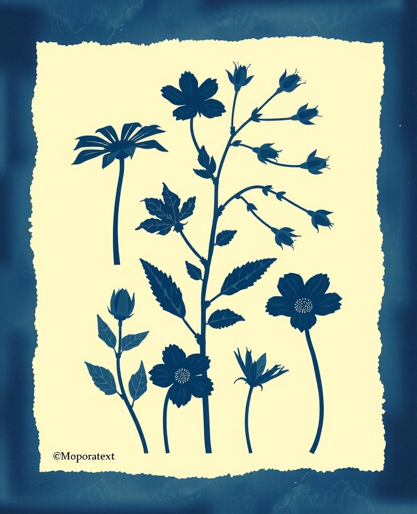Botanikai sziluett cyanotype stílusban